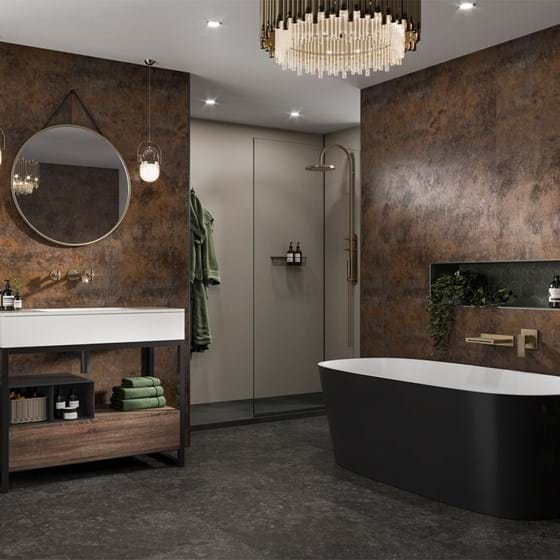 Large bathroom ideas featuring Corten Elements from the Linda Barker Collection
